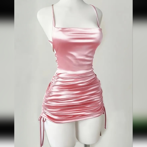 Pink Satin Drawstring Ruched Criss-cross Back Adjustable Length Mini Dress (M) - Picture 7 of 13